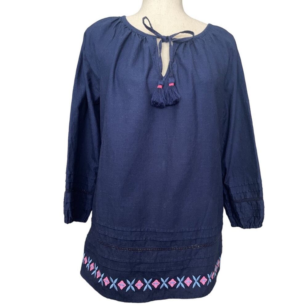 Vineyard Vines Navy Blue Cotton Embroidered Boho Blouse S